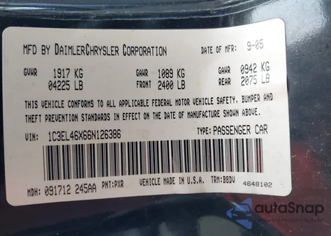 2006 Chrysler Sebring from USA, damaged, VIN 1C3EL46X66N126386